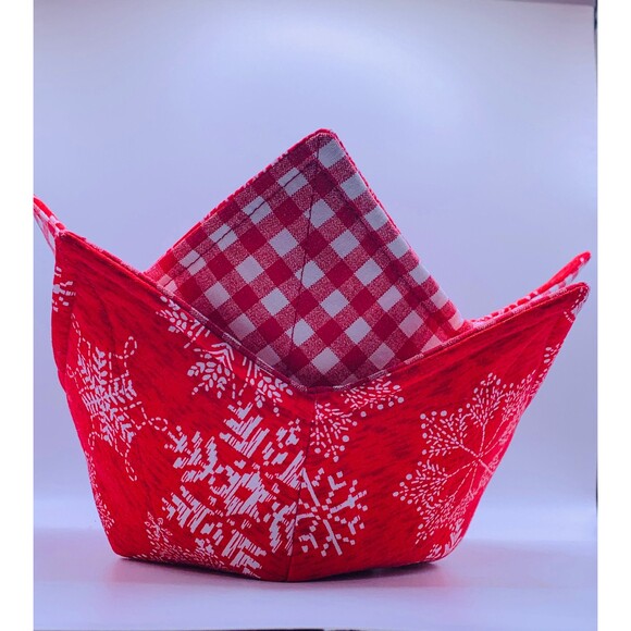 Set of 4 Microwave Soup Bowl Cozie, Reversible, Red and Blue Winter Snowflakes - Picture 3 of 6
